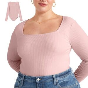 OLD NAVY 2X-4X Pink Long-Sleeve Square-Neck Rib-Knit Bodysuit ON2.7